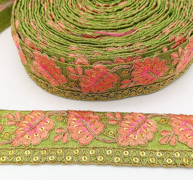Green Trim with Floral Embroidery Peach Embroidered Leaves Trim, Decorative Trim, Indian Border